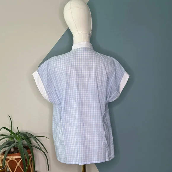 Vintage C&A Blue Checkered Blouse Mandarin Collar Short Sleeve ButtonDown Top 14 - Picture 5 of 9
